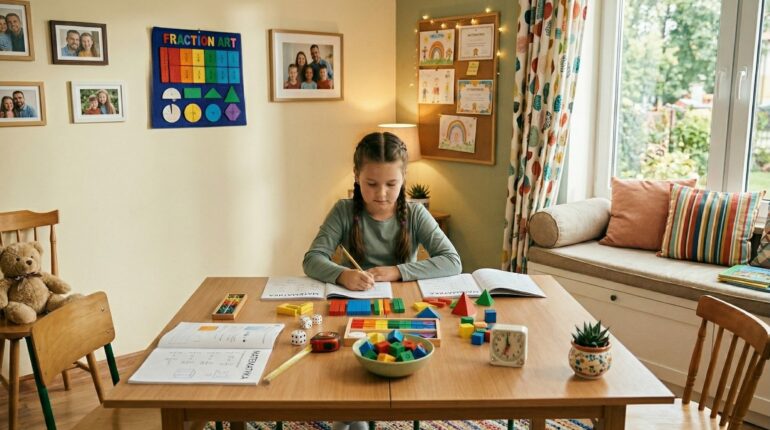 Dziewczynka ucząca się matematyki w domu przy stole z kolorowymi pomocami naukowymi, klockami i zeszytami.