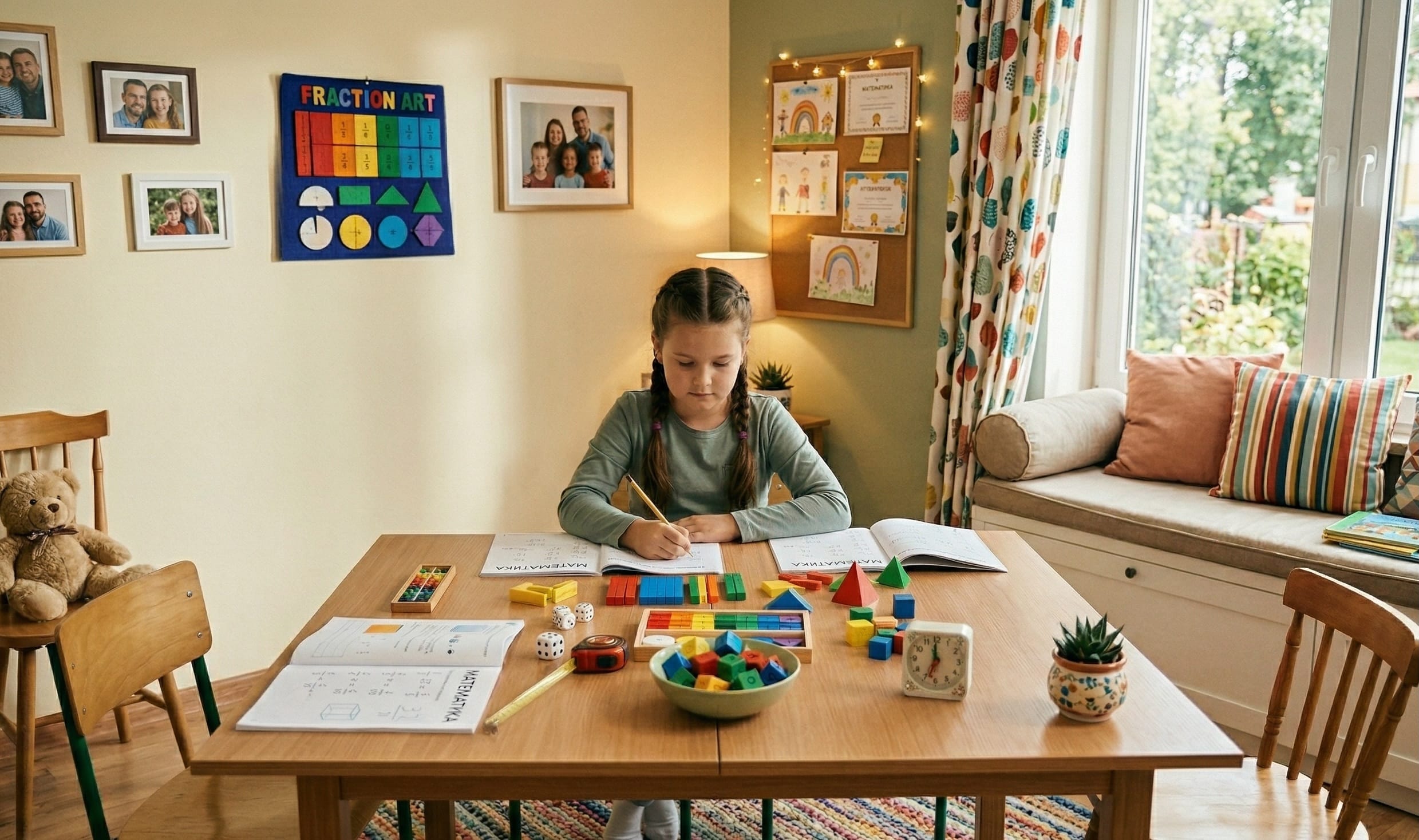 Dziewczynka ucząca się matematyki w domu przy stole z kolorowymi pomocami naukowymi, klockami i zeszytami.
