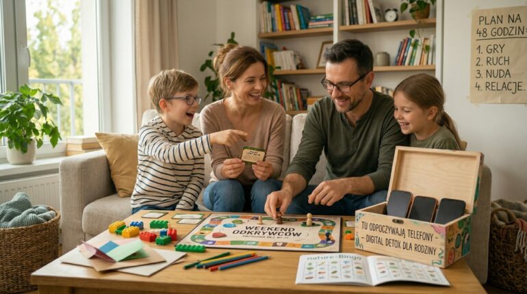 Uśmiechnięta rodzina grająca w grę planszową w salonie podczas weekendowego digital detoxu bez telefonów i Wi-Fi.