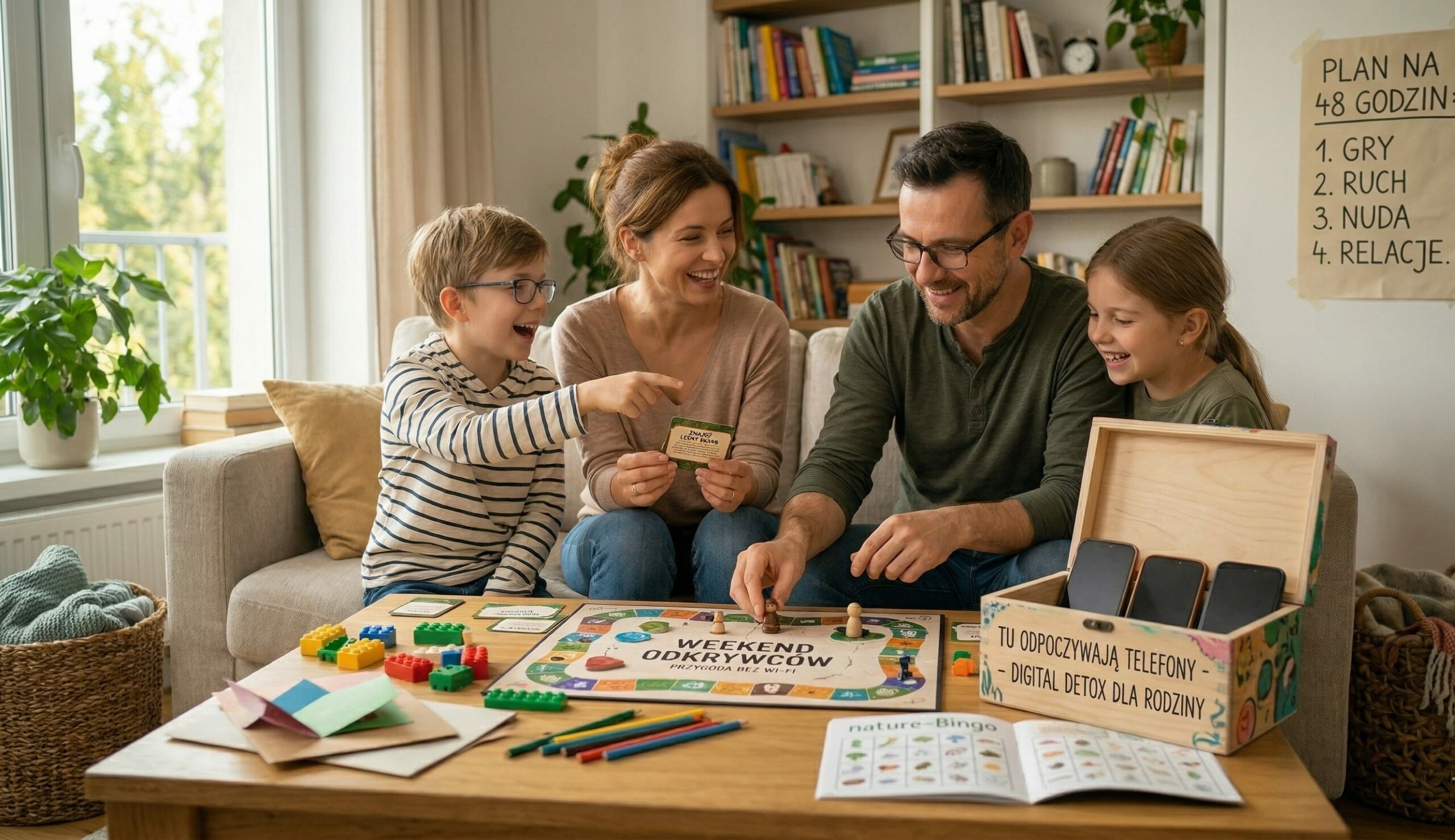 Uśmiechnięta rodzina grająca w grę planszową w salonie podczas weekendowego digital detoxu bez telefonów i Wi-Fi.