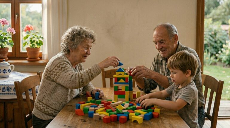 Starsza para i mały chłopiec siedzą przy drewnianym stole i wspólnie układają kolorowe, drewniane klocki. W tle widać okno z kwiatami w doniczkach oraz ogród.