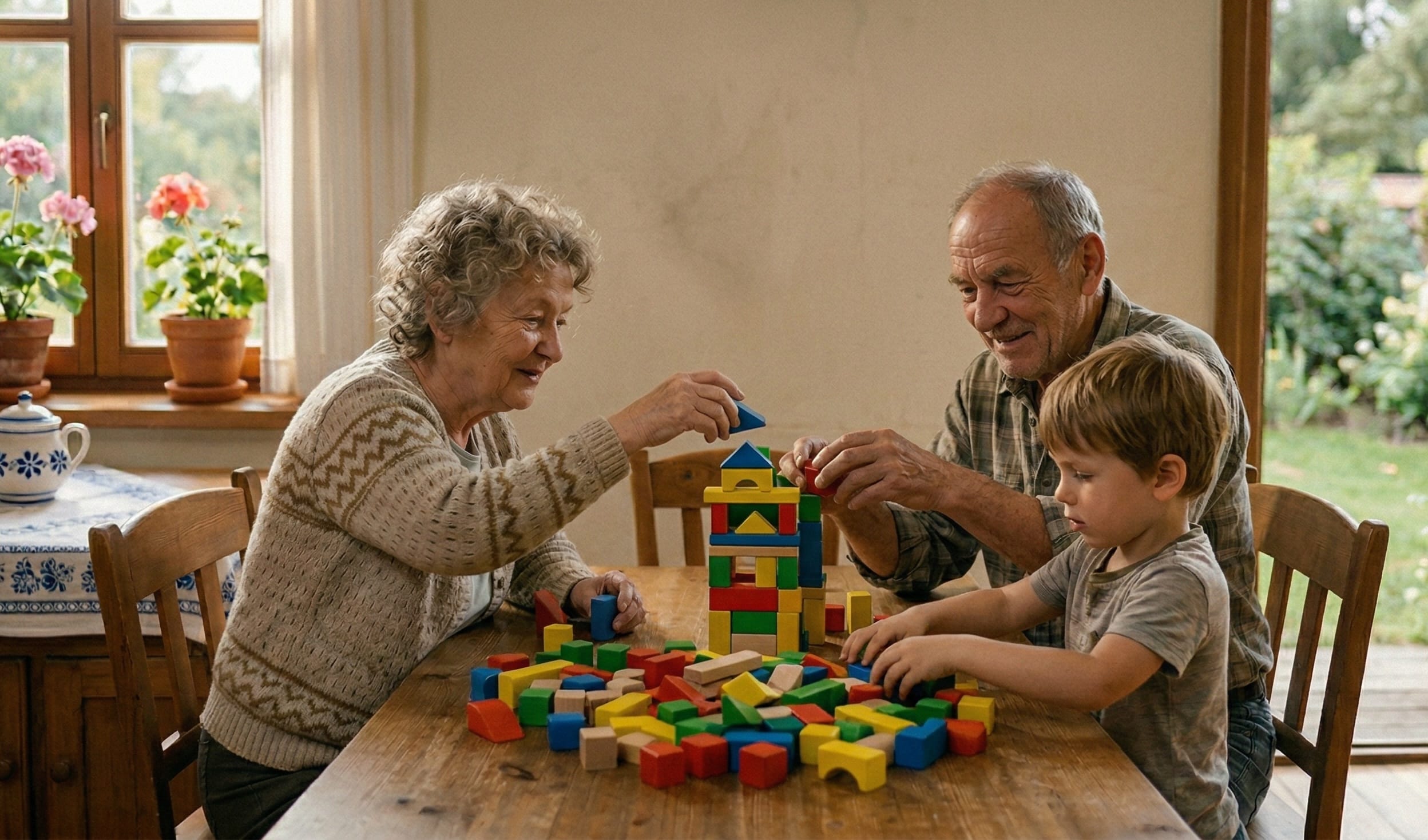 Starsza para i mały chłopiec siedzą przy drewnianym stole i wspólnie układają kolorowe, drewniane klocki. W tle widać okno z kwiatami w doniczkach oraz ogród.