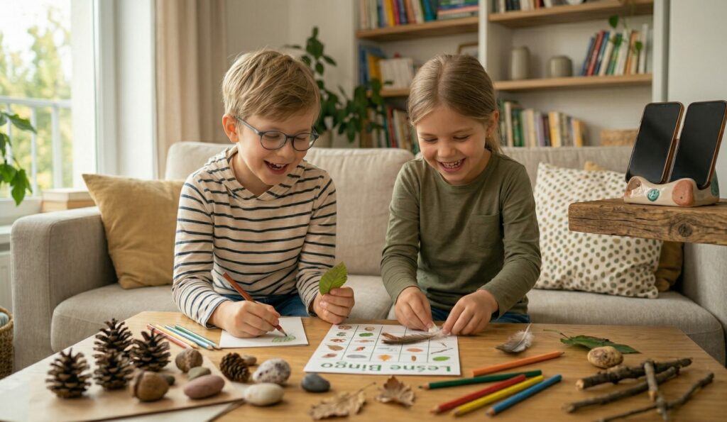 Rodzeństwo bawiące się w leśne bingo przy stole z szyszkami i kredkami podczas weekendu bez internetu.