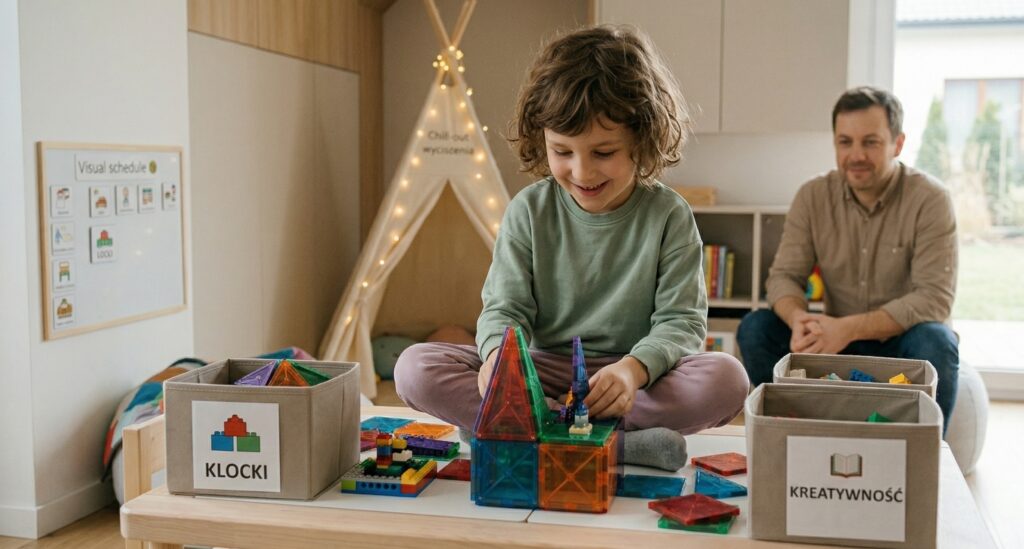 Uśmiechnięta dziewczynka w skupieniu układa skomplikowaną budowlę z kolorowych, magnetycznych klocków. Siedzi na pufie w przytulnym, jasnym pokoju, obok którego stoją zorganizowane pojemniki z napisami "KLOCKI" i "KREATYWNOŚĆ". W tle widać tatę obserwującego ją z ciepłym uśmiechem, co ilustruje hiperfokus i kreatywność jako mocne strony dziecka z ADHD lub spektrum autyzmu.