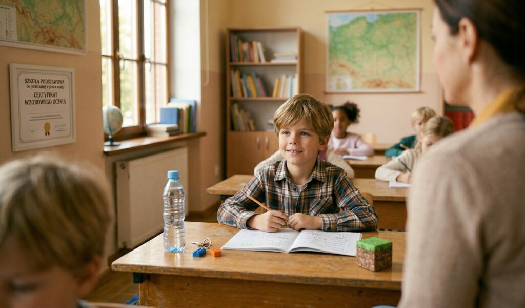 Jasnowłosy chłopiec siedzący w drewnianej ławce w polskiej sali lekcyjnej. Na ławce leży otwarty zeszyt, butelka wody i kostka nawiązująca do gry Minecraft. W tle widoczna mapa Polski, inne dzieci oraz nauczycielka tyłem, co tworzy atmosferę spokoju i inkluzywności.