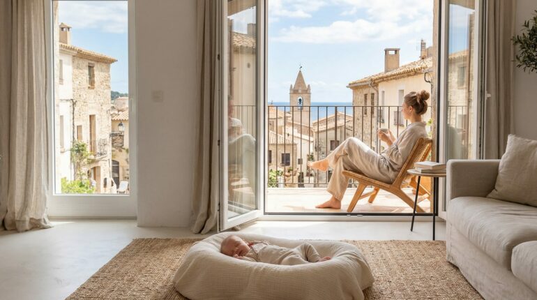 Jasny, nowoczesny apartament wakacyjny z widokiem na miasto, w którym niemowlę śpi na dywanie, a mama odpoczywa z kawą na tarasie w tle.