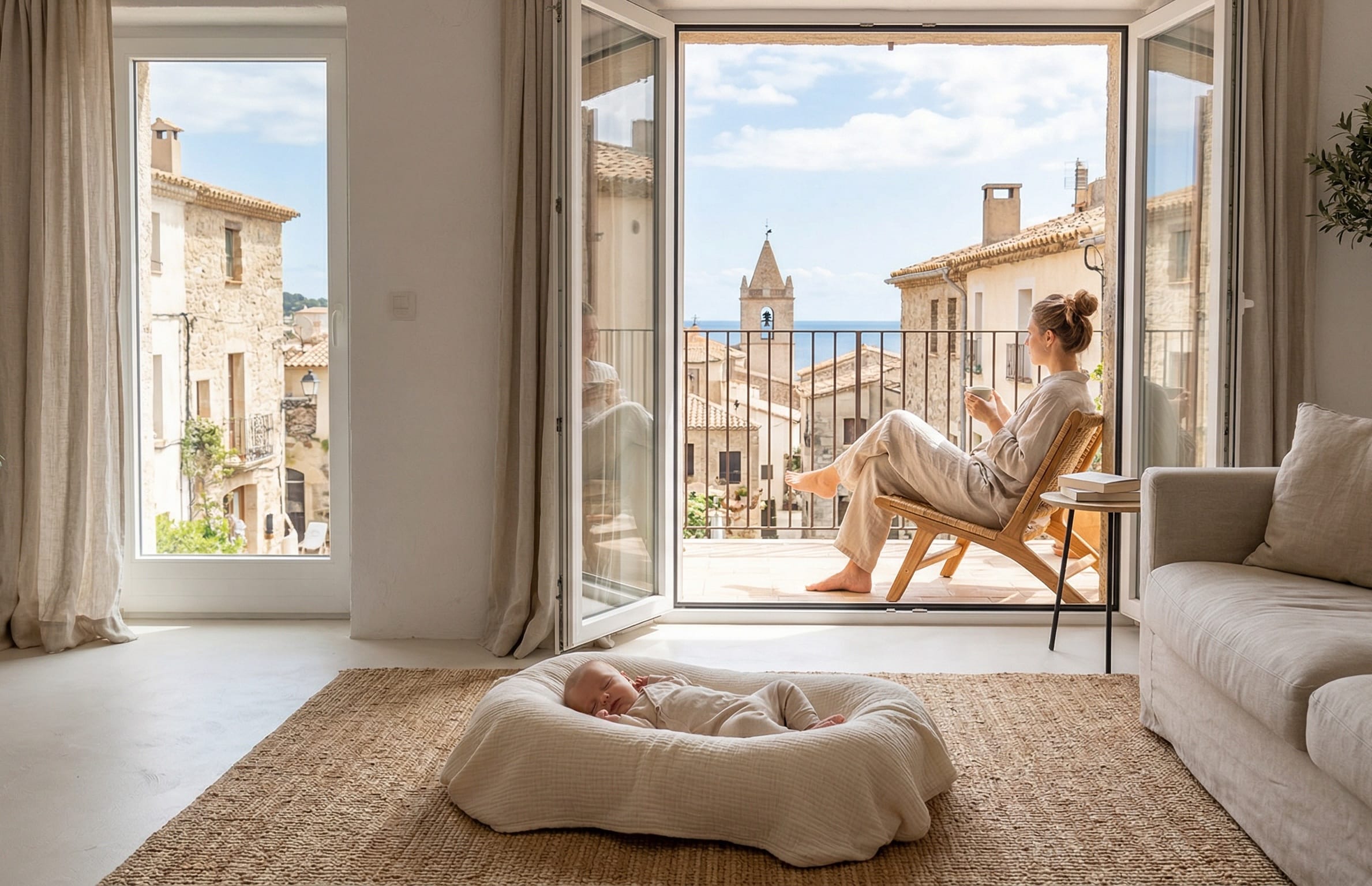 Jasny, nowoczesny apartament wakacyjny z widokiem na miasto, w którym niemowlę śpi na dywanie, a mama odpoczywa z kawą na tarasie w tle.