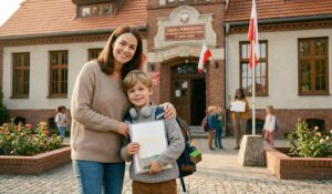 Uśmiechnięta matka obejmuje syna z plecakiem i słuchawkami przed wejściem do zabytkowego budynku polskiej szkoły podstawowej, ozdobionego flagami narodowymi. W tle widać inne dzieci i nauczycielkę na dziedzińcu.
