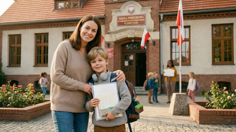 Uśmiechnięta matka obejmuje syna z plecakiem i słuchawkami przed wejściem do zabytkowego budynku polskiej szkoły podstawowej, ozdobionego flagami narodowymi. W tle widać inne dzieci i nauczycielkę na dziedzińcu.