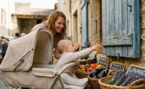 Niemowlę w wózku wyciągające rączkę do niebieskiej drewnianej okiennicy na starym mieście obok koszy z lokalnymi produktami i lawendą.