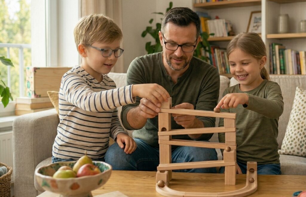 Rodzina wspólnie budująca konstrukcję z drewnianych klocków i czytająca książkę podczas weekendu bez technologii.