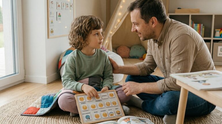 Ojciec i dziecko siedzą na dywanie, wspólnie korzystając z tablicy z piktogramami przedstawiającymi różne emocje. Tata trzyma rękę na ramieniu syna w geście wsparcia, patrząc na niego z uwagą i empatią. W tle widoczna jest uporządkowana przestrzeń pokoju z namiotem tipi. Zdjęcie ilustruje naukę komunikacji i rozpoznawania uczuć jako kluczowy element wspierania dziecka neuroatypowego.
