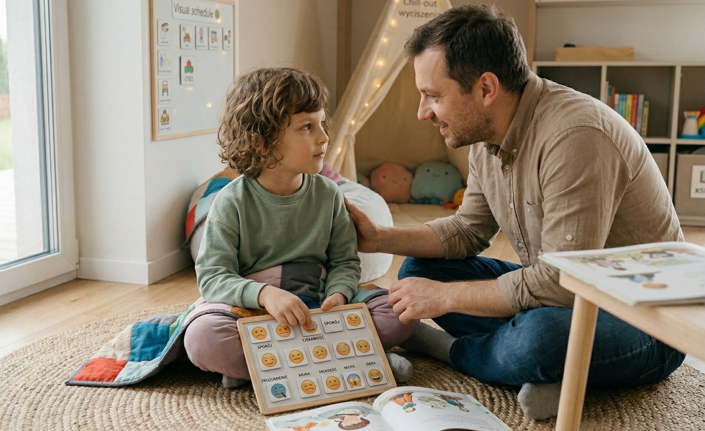 Ojciec i dziecko siedzą na dywanie, wspólnie korzystając z tablicy z piktogramami przedstawiającymi różne emocje. Tata trzyma rękę na ramieniu syna w geście wsparcia, patrząc na niego z uwagą i empatią. W tle widoczna jest uporządkowana przestrzeń pokoju z namiotem tipi. Zdjęcie ilustruje naukę komunikacji i rozpoznawania uczuć jako kluczowy element wspierania dziecka neuroatypowego.