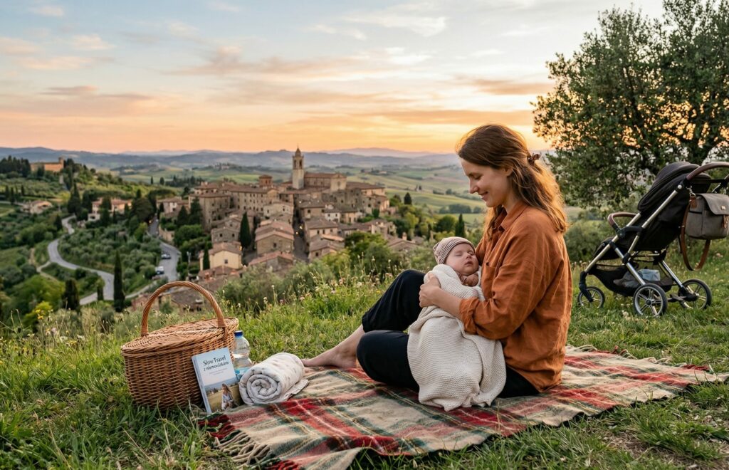 Mama trzymająca śpiące niemowlę na kocu piknikowym na tle malowniczego, zabytkowego miasteczka we Włoszech o zachodzie słońca.