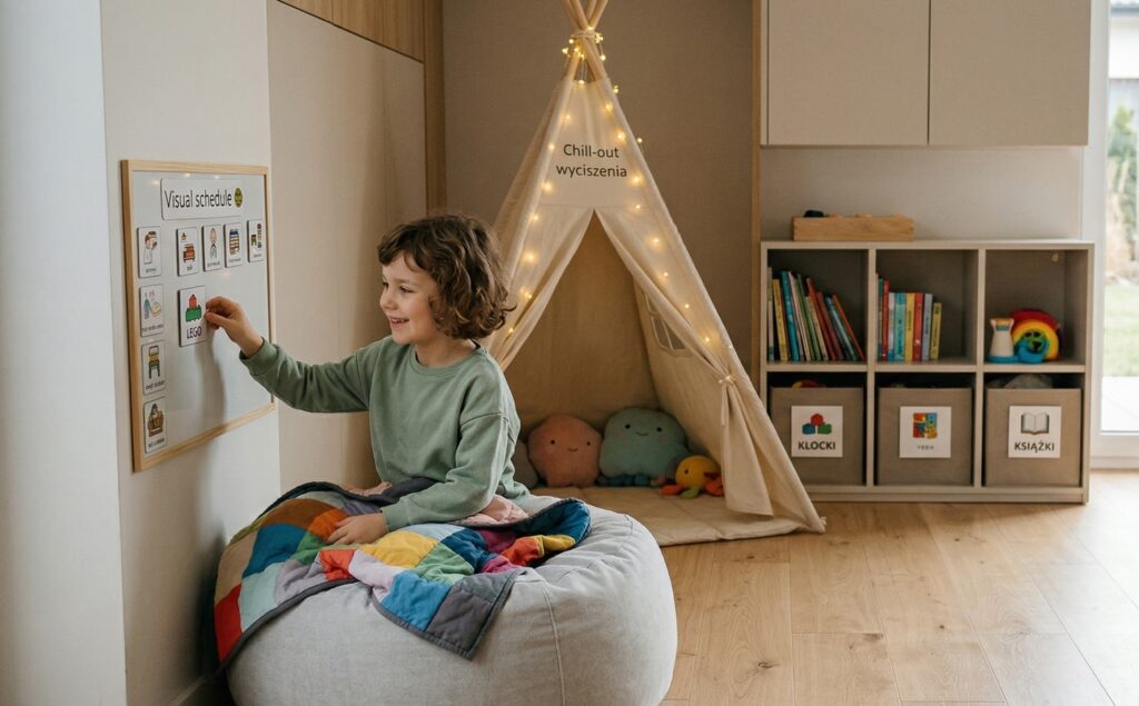 Uśmiechnięte dziecko siedzące na pufie w przytulnym, zorganizowanym pokoju, używa wizualnego planu dnia na ścianie. Obok stoi tipi (namiot) ze światełkami jako strefa wyciszenia, a w tle widać uporządkowane regały i tatę obserwującego córkę z uśmiechem. Grafika ilustruje wspieranie dziecka z ADHD i spektrum przez odpowiednie środowisko domowe.