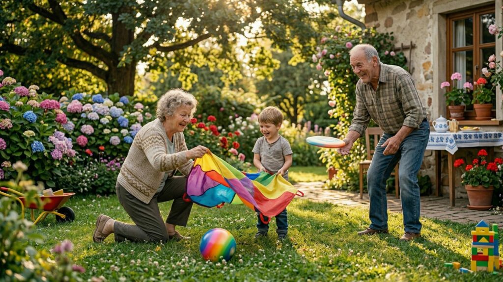 Uśmiechnięta babcia i dziadek bawią się z wnukiem w słonecznym, kwiecistym ogrodzie. Chłopiec trzyma kolorową chustę animacyjną, obok leży tęczowa piłka, a w tle widać wiejski dom.